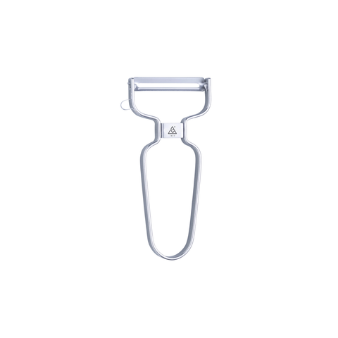 A stainless steel hand-held vegetable peeler with a D-shaped handle, shown against a plain white background.