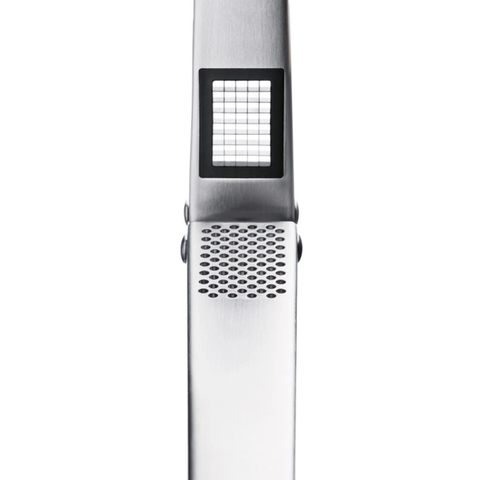 A close-up of a brushed metal garlic press, shown against a plain white background.