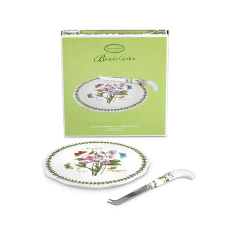 A Botanic Garden plate and fork set from Portmeirion, shown with its light green packaging box on a white background.