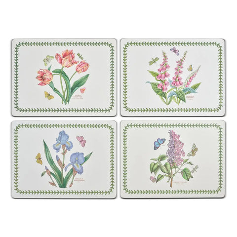 Four botanical placemats with colorful flowers and green leaves on a white background