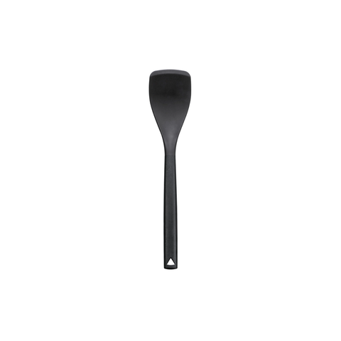 A black silicone spatula on a white background.