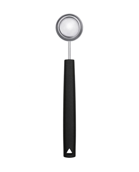A stainless kitchen measuring spoon with a black handle, shown vertically on a plain white background.