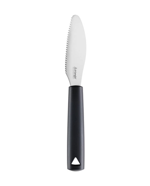 A single kitchen knife with a black handle and a silver serrated blade, shown vertically against a plain white background. The brand name 'triangle' is printed on the blade.