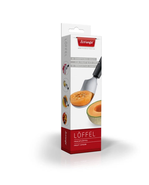 A boxed kitchen utensil called Löffel by triangle, shown upright on a white background. The retail package is mostly white with red panels and a photo of the utensil cutting a melon.