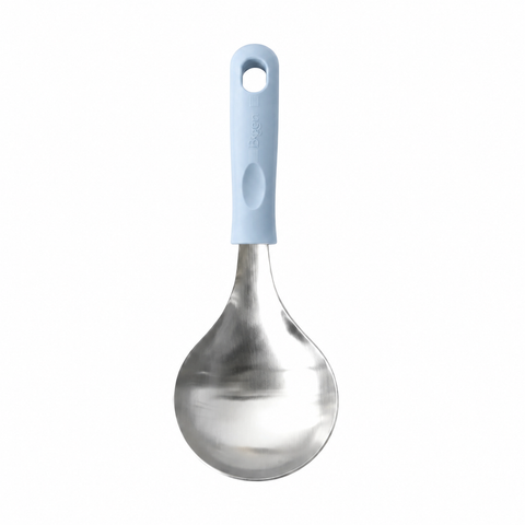 A stainless steel ladle with a light blue ergonomic handle, shown against a plain white background.