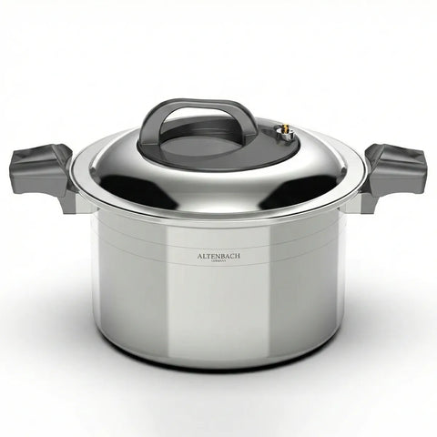 Stainless steel pot with lid on a white background, featuring the brand 'Altenbach'.