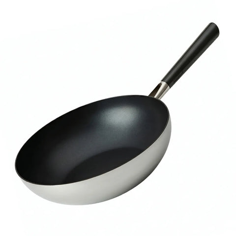 Black frying pan wok with a silver base on a white background