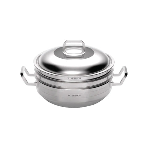 Stainless steel pot with lid on a white background