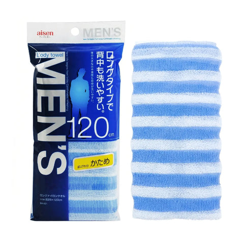 Men's towel with packaging displaying brand name and product details on a white background