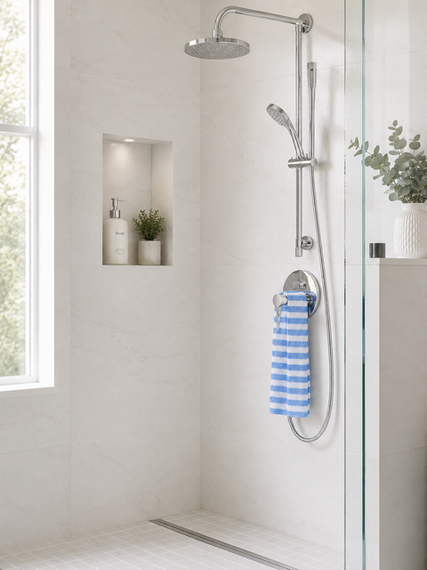 Modern shower setup with a handheld shower head and hose, blue and white striped towel, and a window in a bathroom.