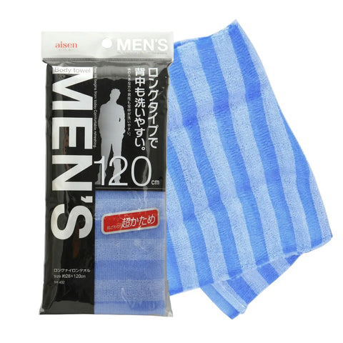 Blue striped men's towel with packaging on a white background