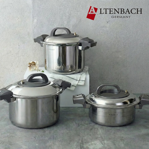 Three stainless steel cook pots with lids on a gray surface, featuring the Altenbach Germany logo.