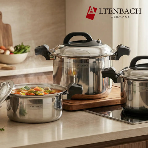 Stainless steel cookware set on a kitchen counter with Altenbach branding.