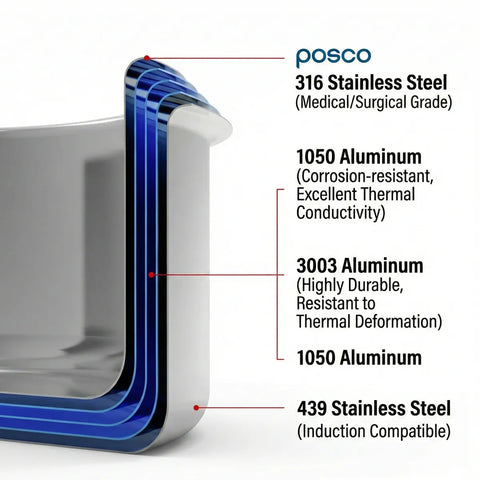 Multilayered metal product with material specifications labeled, featuring Posco branding.