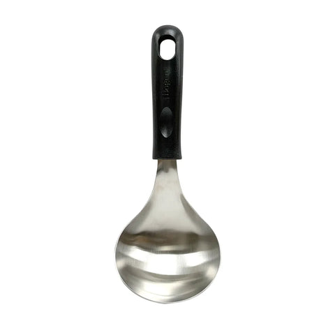 Metallic spoon with black handle on a white background