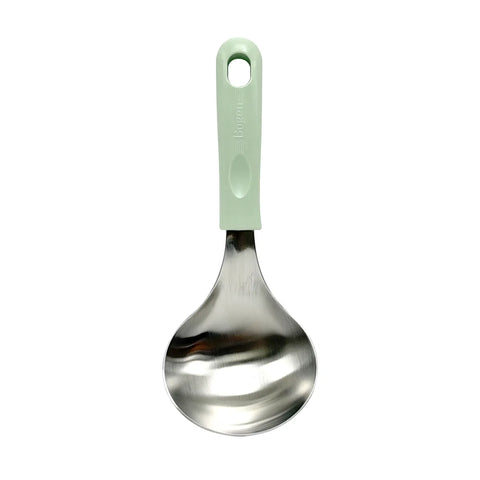 Metallic spoon with a light green handle on a white background
