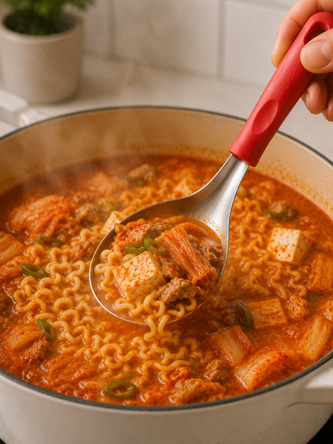 Serving of ramen soup with a spoon lifting noodles out of a pot.