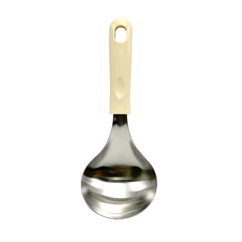 Spoon with a beige handle on a white background