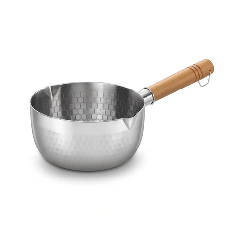 A stainless steel saucepan with a hammered finish and a light brown wooden handle, shown on a clean white background.