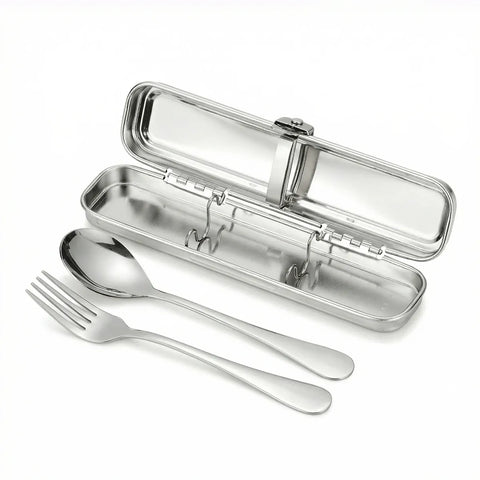 Stainless steel cutlery set with case on a white background