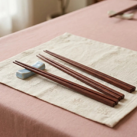 Wooden chopsticks on a beige cloth with a pink surface