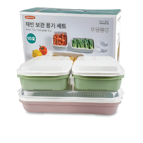 Set of food storage containers with a packaging box displaying images of vegetables.