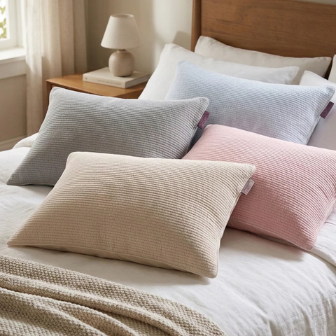 Set of colorful pillows on a bed in a bedroom setting