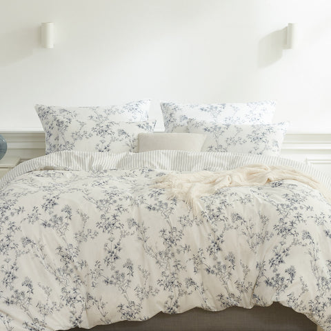 Floral patterned bedding set on a bed in a bright bedroom.