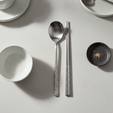 Silver spoon and chopsticks on a light gray surface with small dishes.