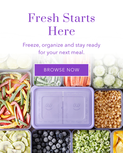 A promotional collage showing multiple clear freezer containers filled with fresh foods, including sliced vegetables, carrots, cucumbers, green beans, strawberries, blueberries, and lemon slices, alongside a purple-lidded container. Large text on the left reads 'Fresh Starts Here' with a purple 'BROWSE NOW' button.