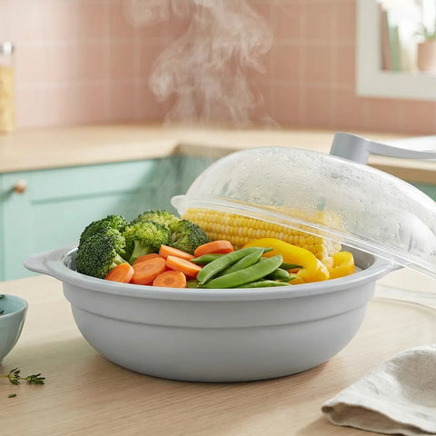 White steaming bowl with vegetables on a kitchen counter