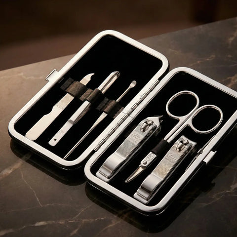 Manicure set with tools in a black case on a marble surface