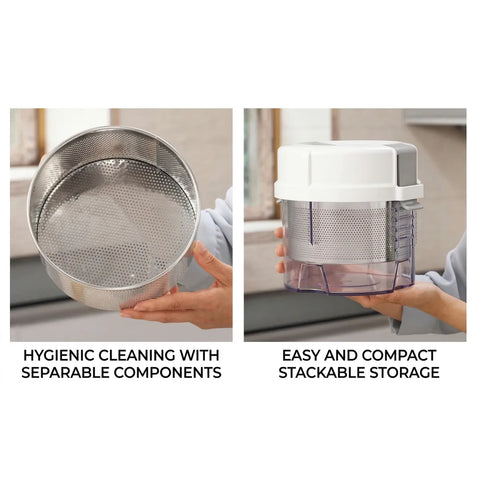 Two product images showing a strainer and a container with text about hygienic cleaning and stackable storage.