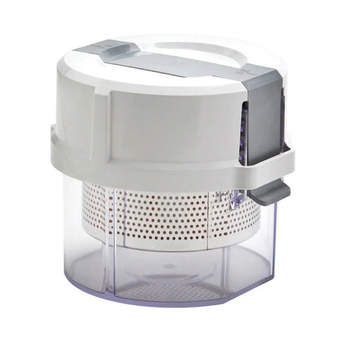 White and gray kitchen spinner with clear plastic base on a white background