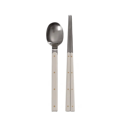 Stainless steel spoon and chopsticks with gray handles on a white background