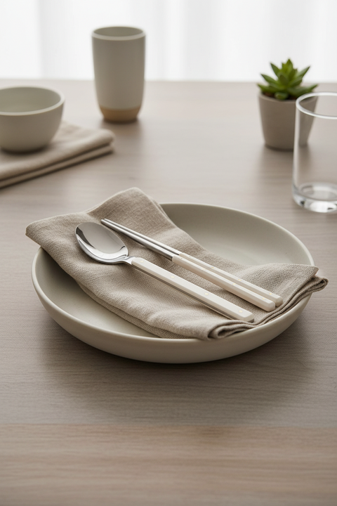 Ceramic plate with cutlery and folded napkin on a wooden table