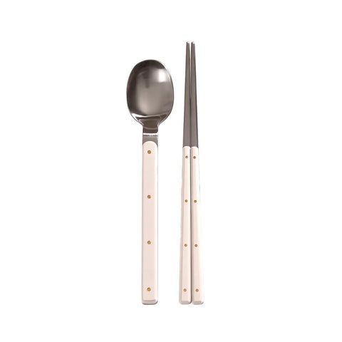 Stainless steel spoon and chopstick set with ivory handles on a white background