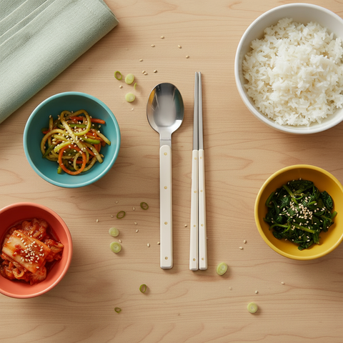 Dishes of food including rice, vegetables, and kimchi on a wooden table with utensils.