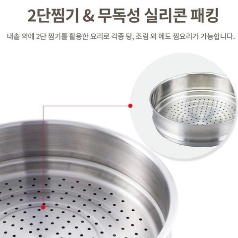 Stainless steel steamer insert with perforated holes, shown with a circular inset of the insert and Korean text explaining its use.