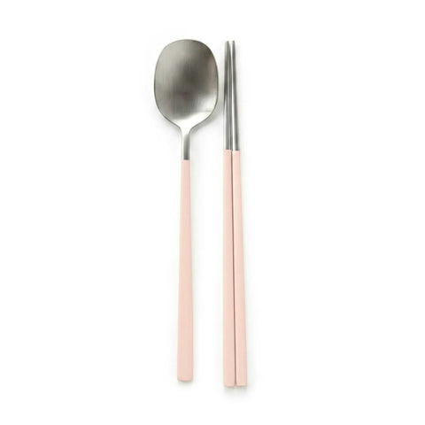 Pair of stainless steel spoon and chopsticks with pink handles