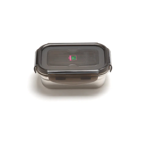 Metal food storage container with a clear lid on a white background