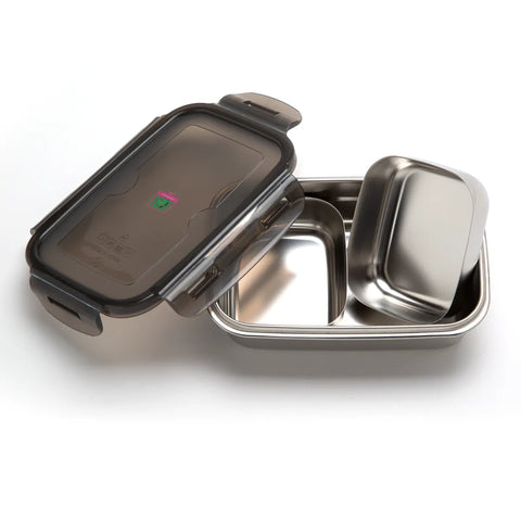 Stainless steel food container with a black lid on a white background