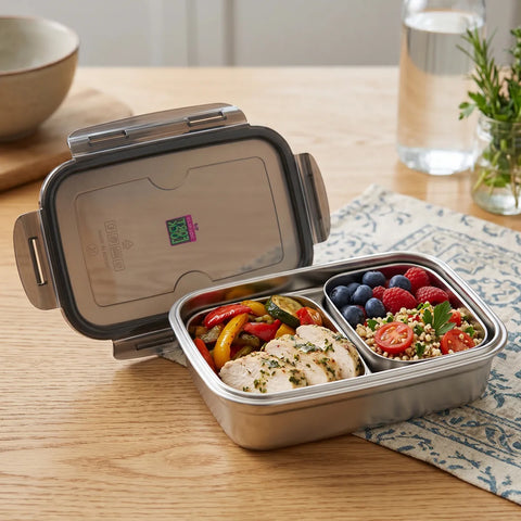 Metal lunch box with compartments containing food on a wooden table.