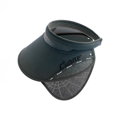 Black visor with mesh design on a white background