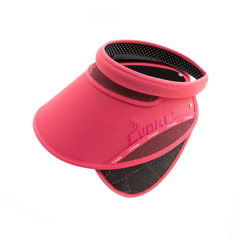 Adjustable pink visor with black mesh on a white background