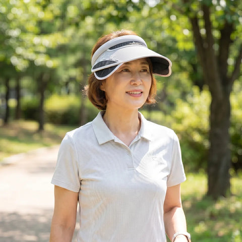 Woman wearing a white visor outdoors