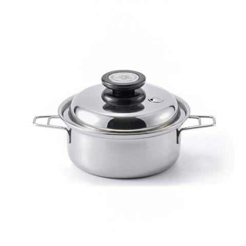 Stainless steel pot with lid on a white background