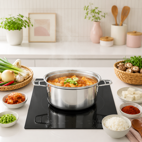 Stovetop with a pot of food surrounded by ingredients and kitchen utensils on a white countertop.