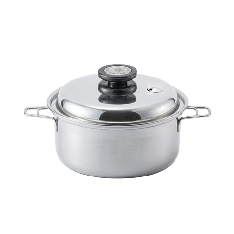 Stainless steel pot with lid on a white background
