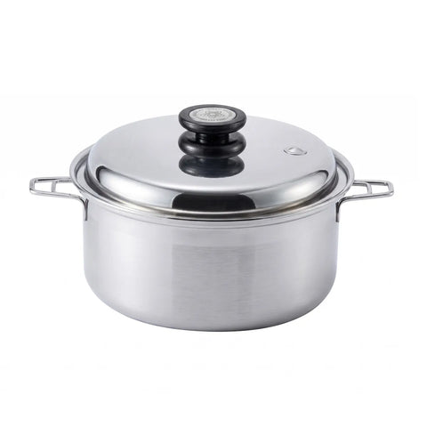 Stainless steel pot with a lid on a white background